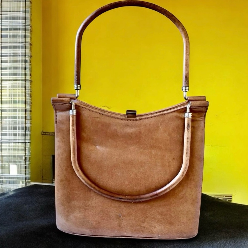 Vintage 60's Tan Brown Leather Handbag Purse with Covered Metal Handles